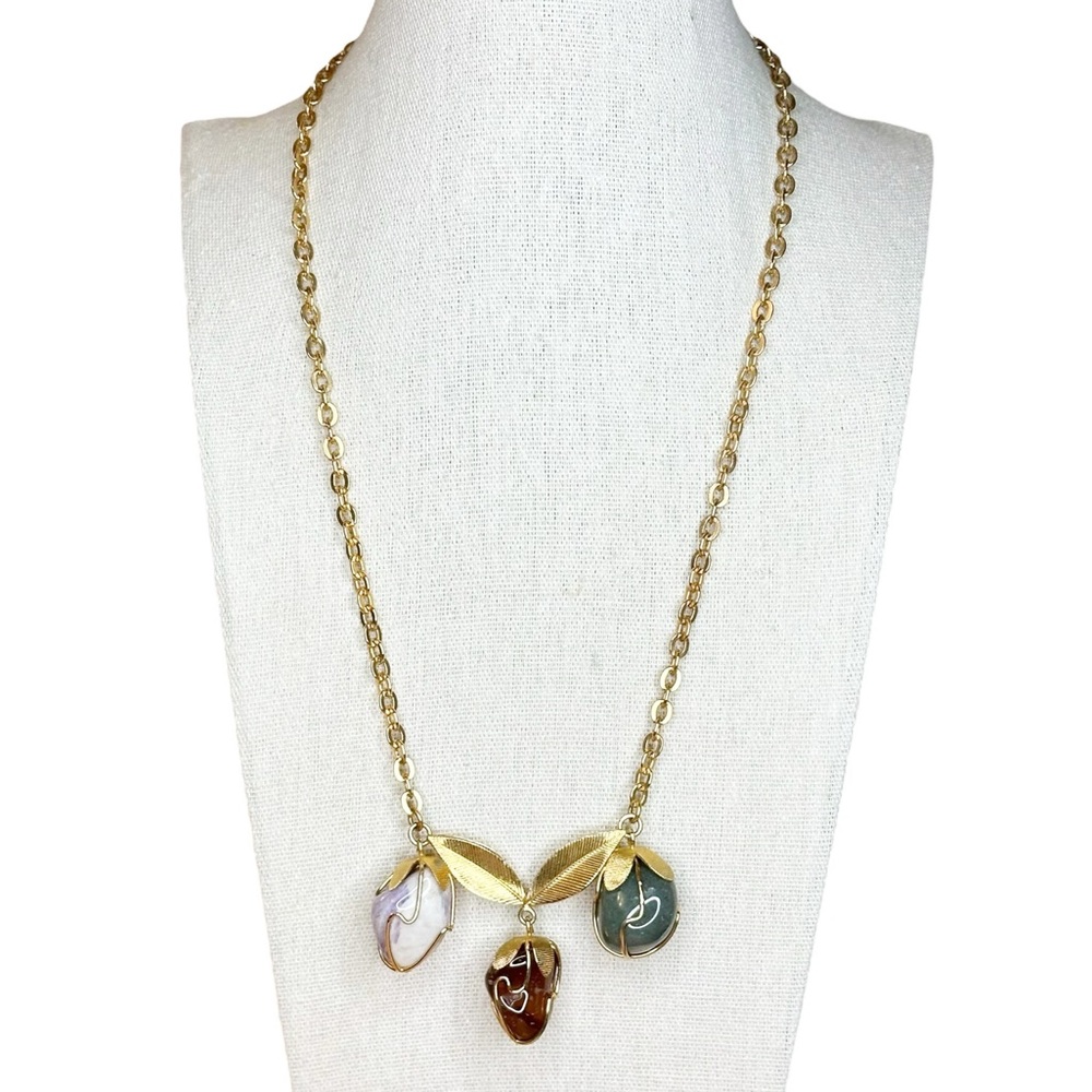 Vintage Multi Gem Stone Wire Wrapped Drop Gold Tone Leaf Necklace Fairycore Boho